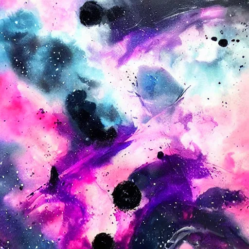 Image similar to abstract ink and acrylic painting, pouring, sprays, nebulae colors, black dark blue purple and pink color scheme, curves, starfield, artstation, pinterest