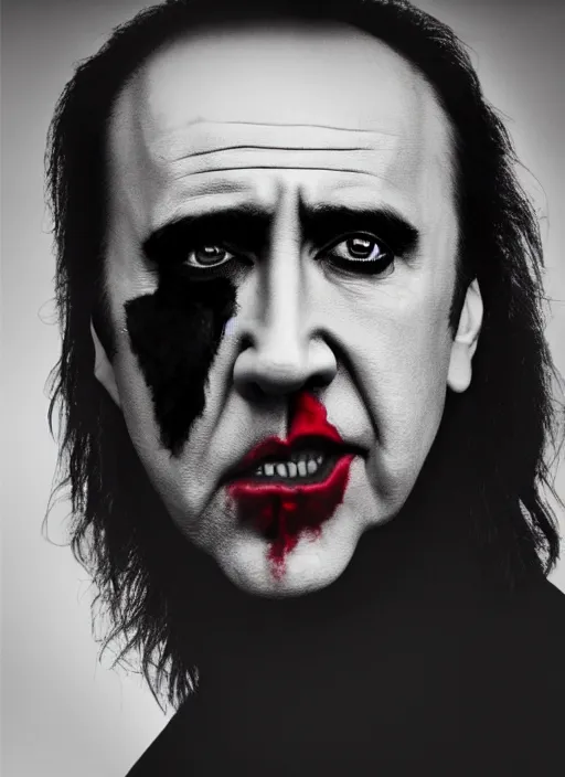 Image similar to photo of a 40-year-old Nicolas Cage (2021) as the Joker by Lee Jeffries, smiling, detailed, award winning, Sony a7R