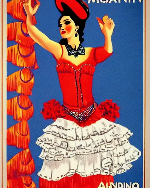 Image similar to an advertising poster of a andalusian flamenco dancer marin doll, retro style of andalusian fair poster