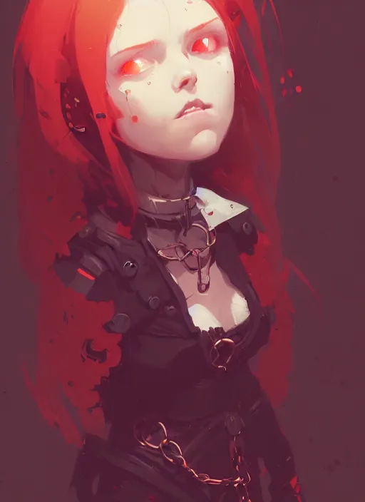 Image similar to portrait of cute gothic psyker girl chained, warhammer 4 0 k, by atey ghailan, by greg rutkowski, by greg tocchini, by james gilleard, by joe gb fenton, by in kaethe butcher, dynamic lighting, gradient light red, brown, blonde cream and white color in scheme, grunge aesthetic