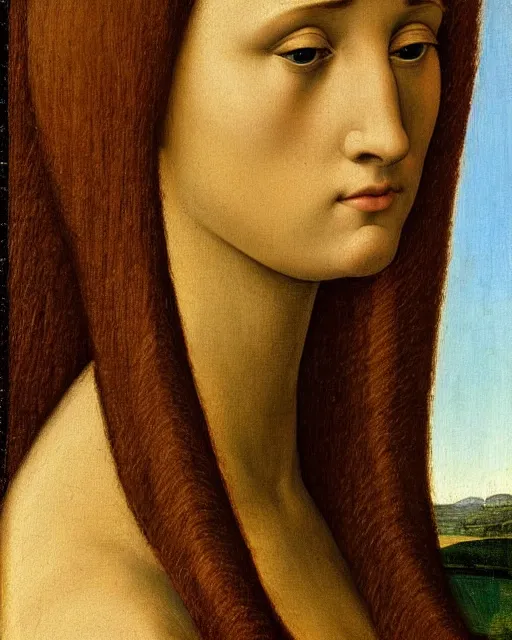 Prompt: a close up of a painting of a woman's head, an ultrafine detailed painting by pietro perugino, deviantart, pre - raphaelitism, da vinci, pre - raphaelite, detailed painting