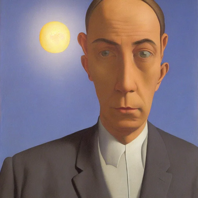 Image similar to portrait of a man with sun instead of his head, by rene magritte, centered, detailed painting, hd, hq, high resolution, high detail, 4 k, 8 k