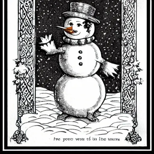 Image similar to victorian snowman illustration full page scan for greeting card by walter crane