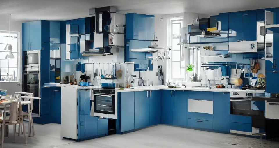 Image similar to IKEA catalogue photo of a cyberpunk kitchen on a spaceship, by Monet