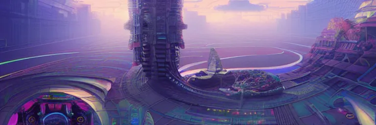 Image similar to a sprawling cybernetic temple, a large hi - tech city, and a river surrounded by fractal mountains, volumetric clouds, cybernetic faces, vaporwave aesthetic, colorful, psychedelic, digital painting, artstation, concept art, smooth, sharp focus, illustration, art by artgerm and greg rutkowski and alphonse mucha