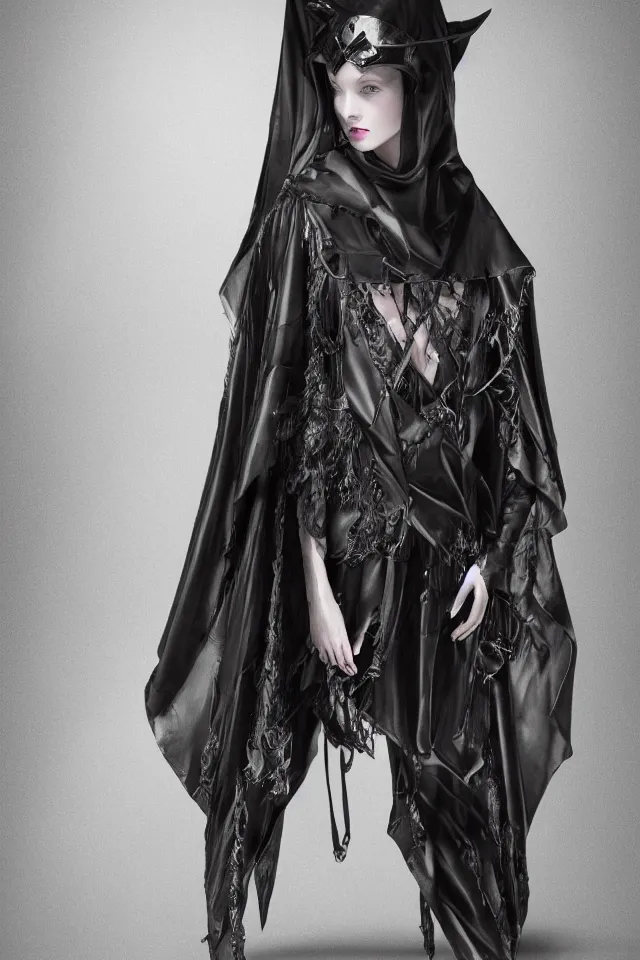 Prompt: realistic render, digital fashion, beautiful witch-woman in tactical poncho designed by alexander mcqueen and acronym, rim light, high key, ultra detailed, hyperdetailed, dark backdrop