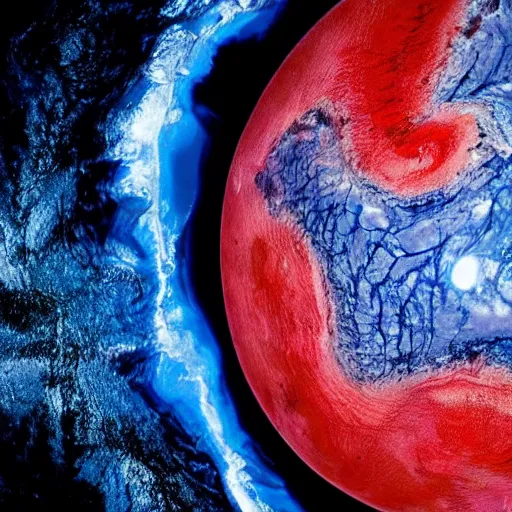 Image similar to a picture of planet earth with red lava rivers all over the surface, circular planet, taken from orbit, dark blue planet, red narrow lava rivers, astronomical imaging