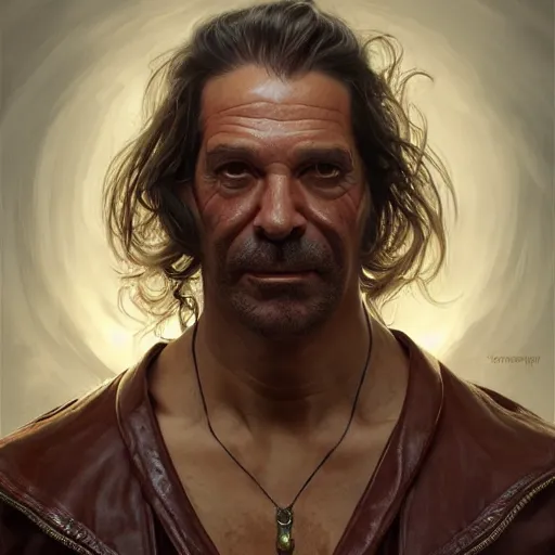 Prompt: portrait of greasy strangler, soft hair, muscular, half body, leather, hairy, d & d, fantasy, intricate, elegant, highly detailed, digital painting, artstation, concept art, smooth, sharp focus, illustration, art by artgerm and greg rutkowski and alphonse mucha