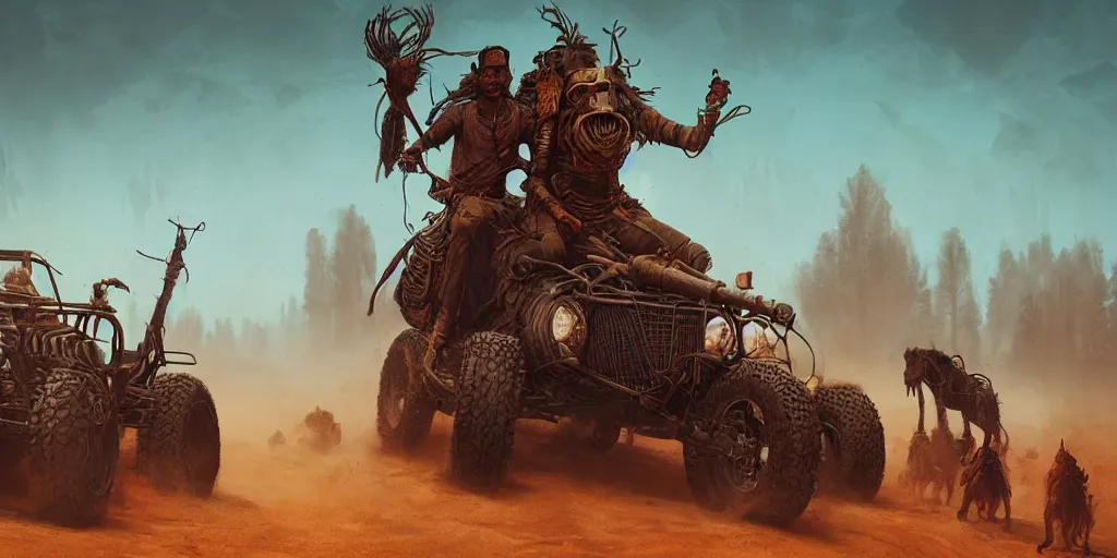 Image similar to woodpunk, ancient indian on atv, buffalo chase ,attacking, action scene, an epic fantasy, dramatic lighting, cinematic, establishing shot, extremely high detail, photorealistic, cinematic lighting, artstation, octane render, by simon stalenhag, horizon forbidden west and mad max