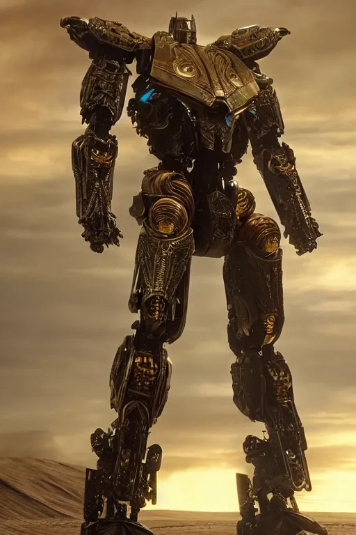 Image similar to cinematic still in dune movie and pacific rim movie and ps 5 game machine warrior 5, intricate ornate humanoid mecha warrior,