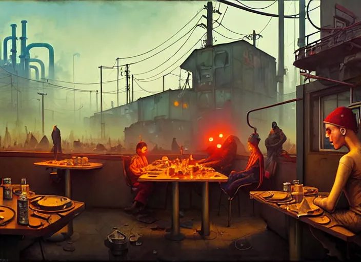 Prompt: waiting in line for crude oil by simon stalenhag and gil elvgren and tom bagshaw and marc simonetti and jan miense molenaer and arthur adams, dystopian slums, diner scene, highly detailed, hyperrealism, smog, gas masks, belnded palette