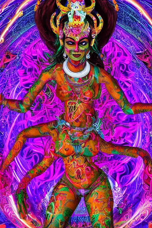 Prompt: overdetailed hyper-maximalist fullbody portrait of a beautiful female energy being reminds to kali with many arms, dancing and transcending to her true form while floating over a surreal landscape. Made by oozium, inspired by luminokaya, overworked by yuvrajimaginaria. 8k 3d realistic render. Bright, sacred, spiritual, dawn, backlit, calm, relaxed, dynamic, ethereal, arcane, intricate, mysterious, dramatic, cinematic. Seen from below. Slightly influenced by sacred geometry and fractal art on deviantart. Artstation. Vectron render