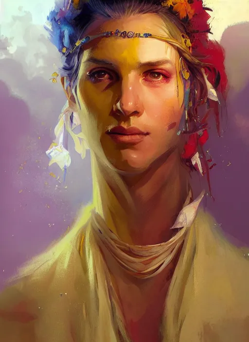 Image similar to a beautiful detailed painting of a gypsy sorcerer in colorful robes, pale skin, white hair, yellow eyes, master of dreams art by jon foster trending on artstation painted by greg rutkowski, painted by stanley artgerm