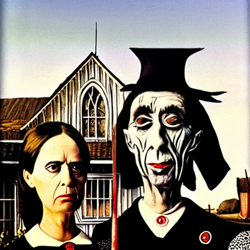 Image similar to alice cooper and salvador dali in in the style of american gothic