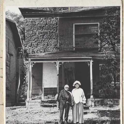 Image similar to a vintage photo of an old man and woman in front of an old house
