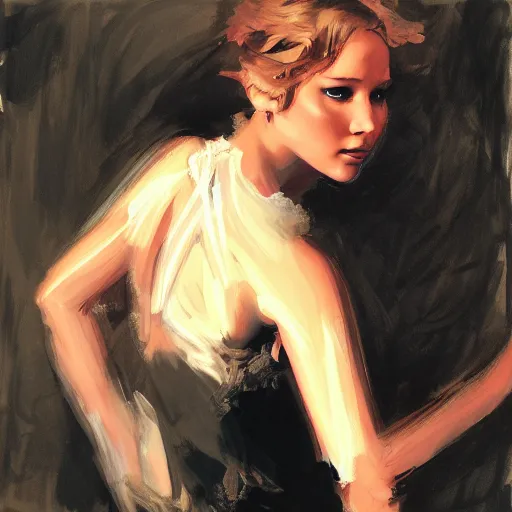 Image similar to jennifer lawrence, intricate, elegant, highly detailed, greg manchess, mucha, liepke, ruan jia, jeffrey catherine jones, ridley scott