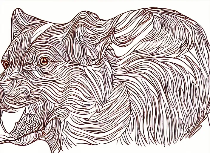 Image similar to illustration of a red dog. black thin ink contour