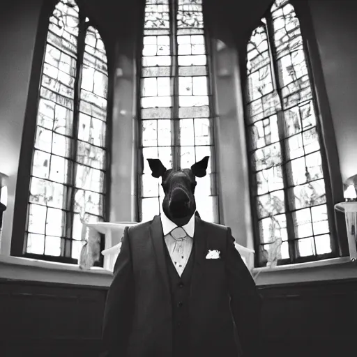 Image similar to a rhinoceros wearing a tiny suit in a wedding chapel, photo realistic, black and white, detailed, cinematic lighting