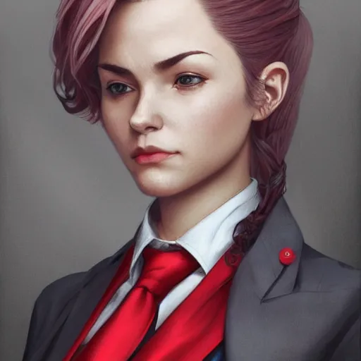 Image similar to a girl wearing a business suit, grey hair, red necktie, cinematic, twintails, stunning, highly detailed, digital painting, artstation, smooth, hard focus, full body shot, illustration, art by artgerm and greg rutkowski and alphonse mucha