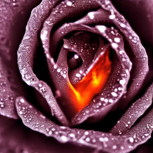 Image similar to award - winning macro of a beautiful black rose made of glowing molten magma