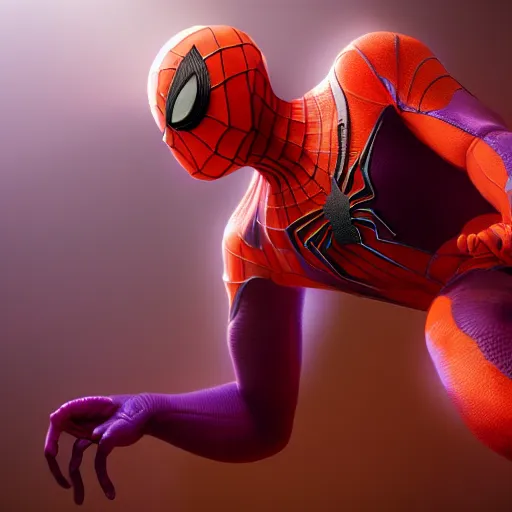 Image similar to concept render of an orange and red and purple and pink baby spiderman by cedric peyravernay and leon tukker