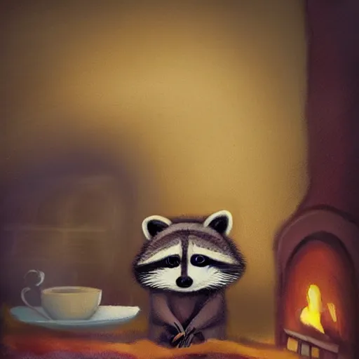 Image similar to little raccoon and sitting by a cozy fireplace with a cup of tea. warm color temperature,