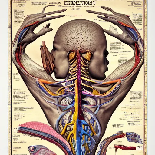 Prompt: highly detailed labeled medical anatomy poster, anatomical drawing on poster paper with notes, extra beautiful colorful full page antique lithograph of artnouveau borders and designs, muted colors, parchment paper, art print, well - lit, ray tracing, horror, eldritch abomination, hyper realistic, 8 k post - processing