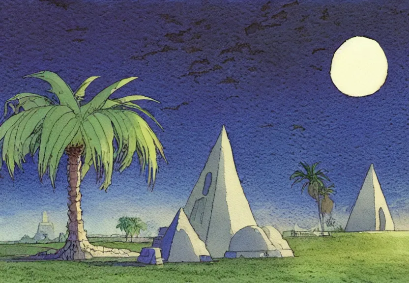 Image similar to a simple watercolor fantasy concept art of a dark grey boxy ufo next to a palm tree at night with white pyramids in the background. by studio ghibli, rebecca guay, michael kaluta, charles vess