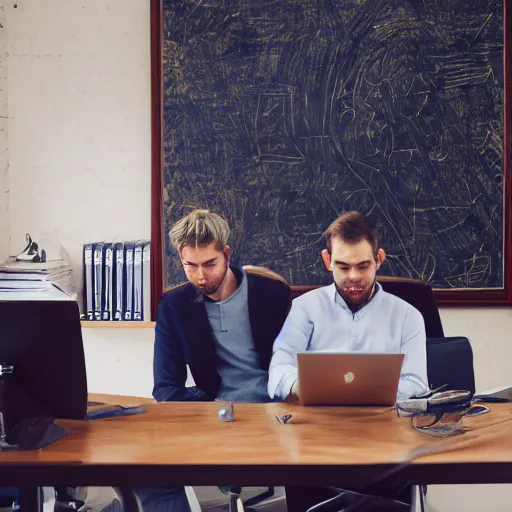 Image similar to two men sitting in the office in front of laptop, high details, art station,