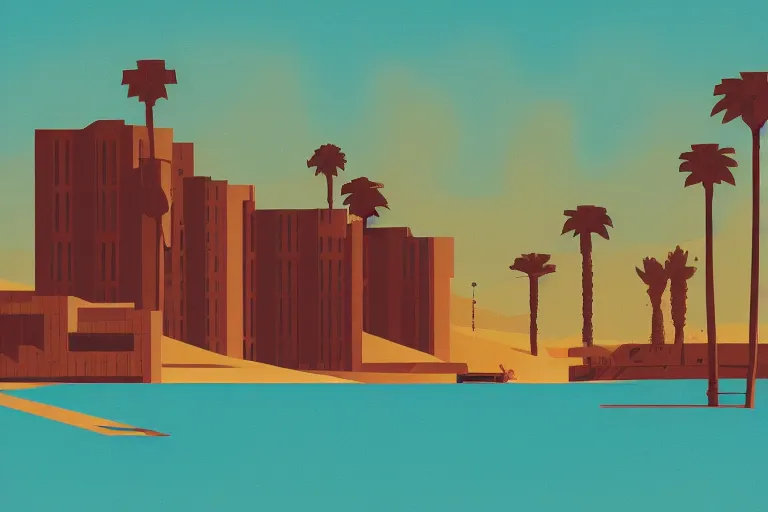 Prompt: brutalist building in a desert oasis by tom whalen in the style of sam werczler, vector art, illustration, harsh light, complementary colors