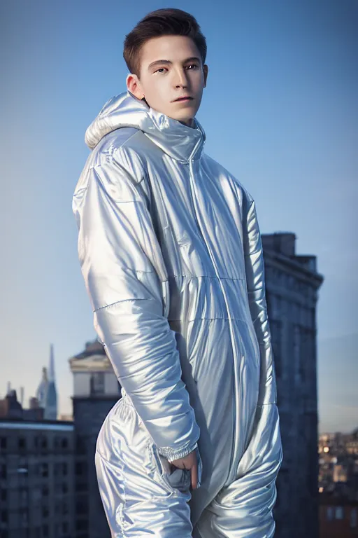 Image similar to un ultra high definition studio quality photographic art portrait of a young man standing on the rooftop of a british apartment building wearing soft baggy inflatable padded silver iridescent pearlescent clothing. three point light. extremely detailed. golden ratio, ray tracing, volumetric light, shallow depth of field. set dressed.