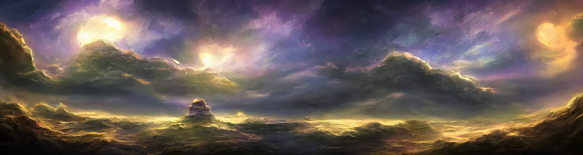 Prompt: landscape painting of an island floating in space. detailed digital painting. fantasy concept art.