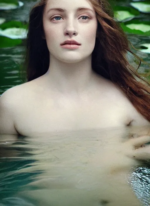 Image similar to Kodak Portra 400, 8K, soft light, volumetric lighting, highly detailed, britt marling style 3/4 ,portrait photo Close-up portrait photography of a beautiful woman how pre-Raphaelites, the face emerges from a pond surrounded by lily pads, thermal waters flowing down white travertine terraces, inspired by Ophelia paint ,and hair are intricate with highly detailed realistic beautiful flowers , Realistic, Refined, Highly Detailed, interstellar outdoor soft pastel lighting colors scheme, outdoor fine art photography, Hyper realistic, photo realistic