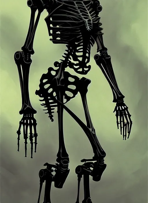 Image similar to skeletal robot, black, cinematic lighting, fantasy, intricate, highly detailed, lifelike, photorealistic, digital painting, artstation, illustration, concept art, smooth, sharp focus, art by john collier and albert aublet and krenz cushart and artem demura and alphonse mucha