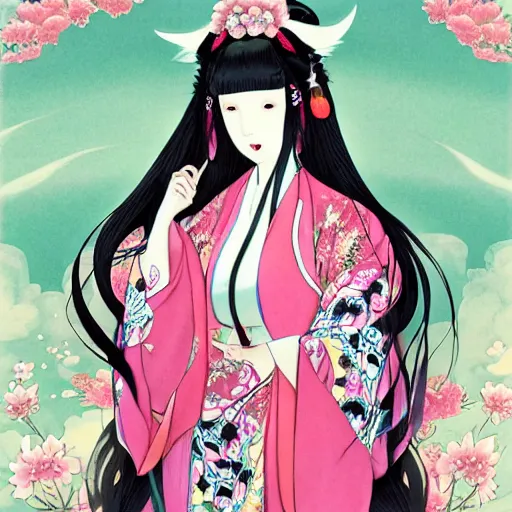 Prompt: portrait of the japanese moon princess kaguya hime with long flowing black hair wearing an ornate pink kimono with intricate floral patterns, touhou character illustration by ross tran, bo chen, toni infante, rebecca oborn, michael whelan, trending on artstation cgsociety hq