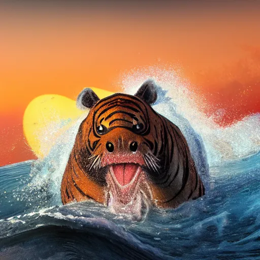 Image similar to a closeup photorealistic photograph of a smiling cute tiger hippopotamus riding a large wave during sunset. surf in the background. professional capture. brightly lit scene. this 4 k hd image is trending on artstation, featured on behance, well - rendered, extra crisp, features intricate detail, epic composition and the style of unreal engine.