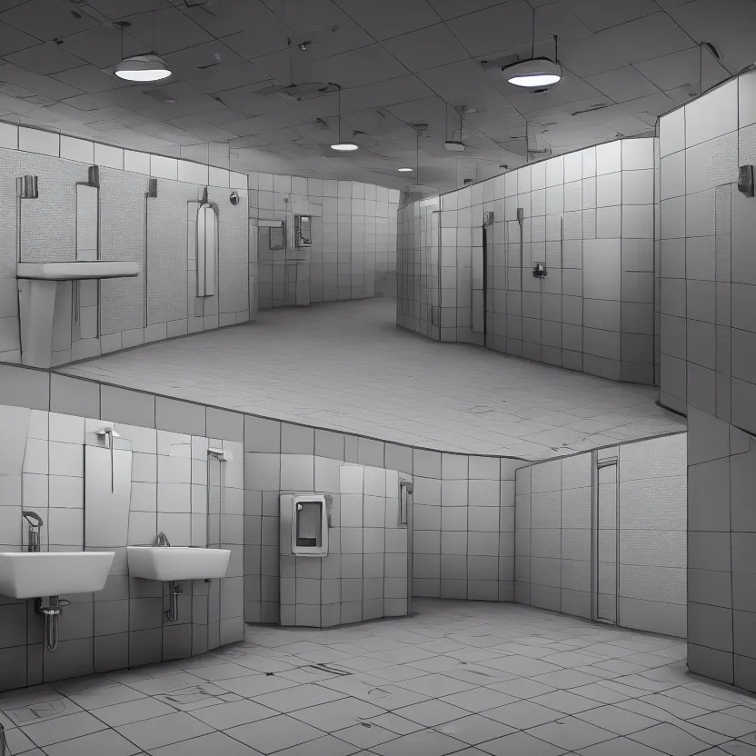 Image similar to an infinite public restroom with many stalls and sinks, cinematic lighting, volumetric lighting, award winning photography, highly detailed, intricate, sharp focus, 4 k wallpaper, unreal engine, 9 0 mm, f / 1. 4