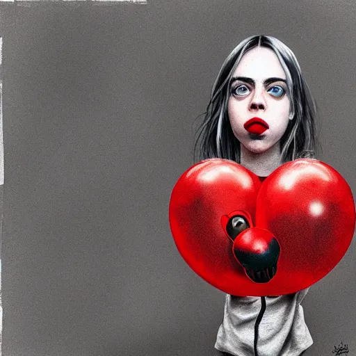 Image similar to surrealism grunge cartoon portrait sketch of billie eilish with a wide smile and a red balloon by - michael karcz, loony toons style, homer simpson style, horror theme, detailed, elegant, intricate