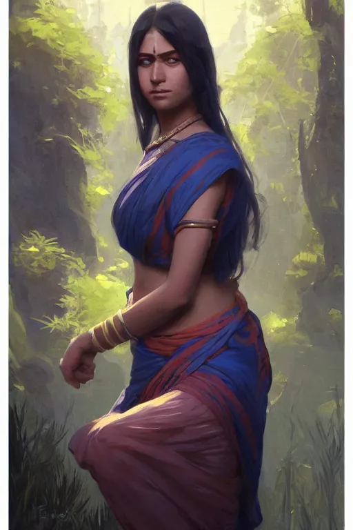 Prompt: rpg character art of hindu woman, half body shot, gorgeous face, by jeremy lipking, by studio ghibli, by disney, video game fanart, digital art