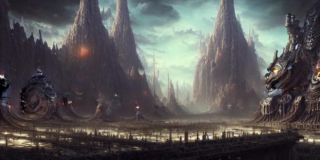 Image similar to a beautiful and insanely detailed matte painting of an advanced sprawling futuristic warrior civilization with surreal architecture designed by akihiko yoshida!, whimsical!!, epic scale, intricate details, sense of awe, elite, fantasy realism, complex layered composition!!