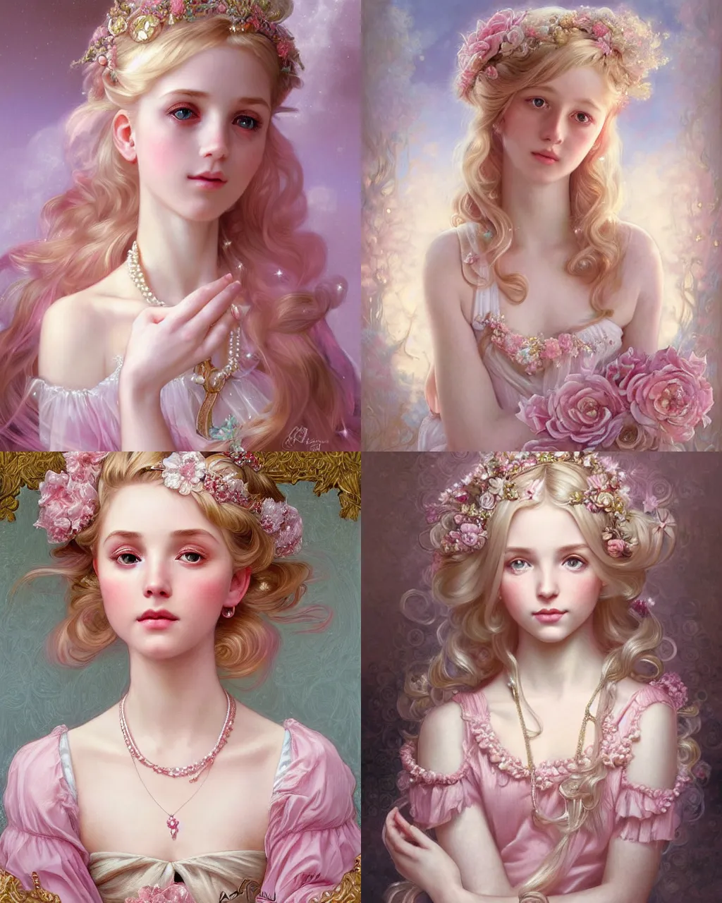 Prompt: portrait of magical young blonde girl wearing pearls, dreamy and ethereal, blush pink accents, peaceful expression, ornate frilly dress, fantasy, intricate, elegant, quality background, highly detailed, digital painting, artstation, concept art, smooth, soft focus, illustration, art by artgerm and mark ryden and alphonse mucha