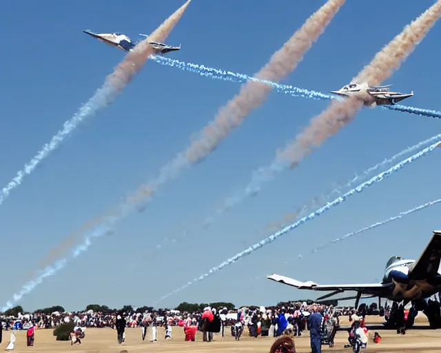 Prompt: A day at the airshow, jets flying overhead, sonic boom, video camera recording