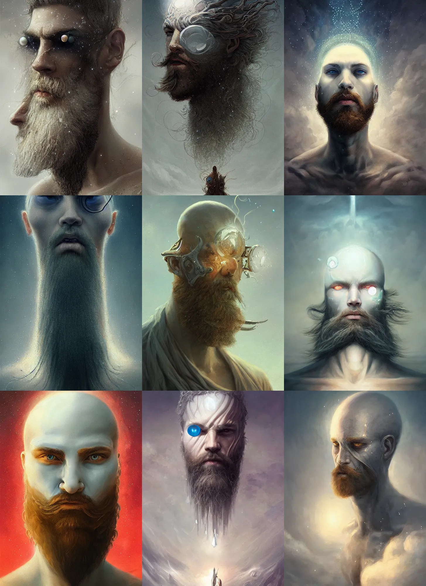 Prompt: white cyclops portrait in sky, sparkling beard, intricate, elegant, sharp focus, highly detailed, concept art, digital painting, mohrbacher, beksinski, aleksi briclot