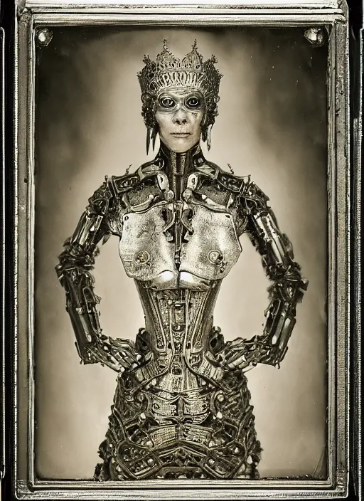 Prompt: old wetplate daguerreotype frame portrait of a futuristic silver armored queen elisabeth emperor district 9 cyborg, fractal, intricate, elegant, highly detailed, subsurface scattering, by jheronimus bosch and greg rutkowski and louis jacques mande daguerre