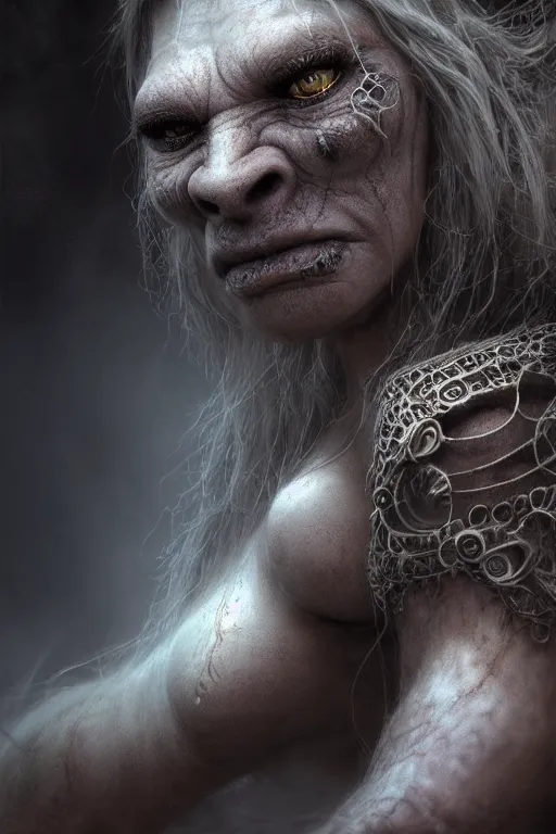 Image similar to one - eye ogre, intricate, ethereal, by luis royo, hyper detailed, weta digital, ray trace, unreal engine, trending on artist, lit, glow, cinematic, soft light, photorealistic, volumetric, realistic, glossy, 8 k post - production, masterpiece, luxury, smooth