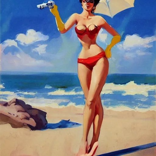 Prompt: greg manchess pinup painting of overwatch's tracer in a bikini, in a futuristic beach, 1 9 5 6