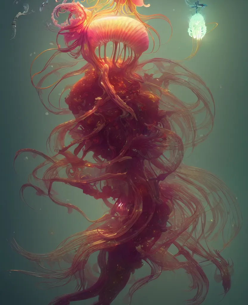 Image similar to centaur jellyfish phoenix, nautilus, orchid, bioluminiscent creatures, intricate artwork by Tooth Wu and wlop and beeple. octane render, trending on artstation, greg rutkowski very coherent symmetrical artwork. cinematic, hyper realism, high detail, octane render, 8k