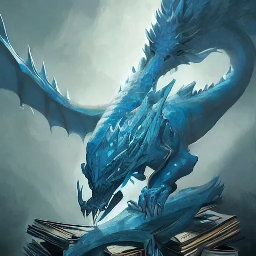 Image similar to blue dragon sitting on a hoard of books, fantasy, dnd, art by greg rutkowski