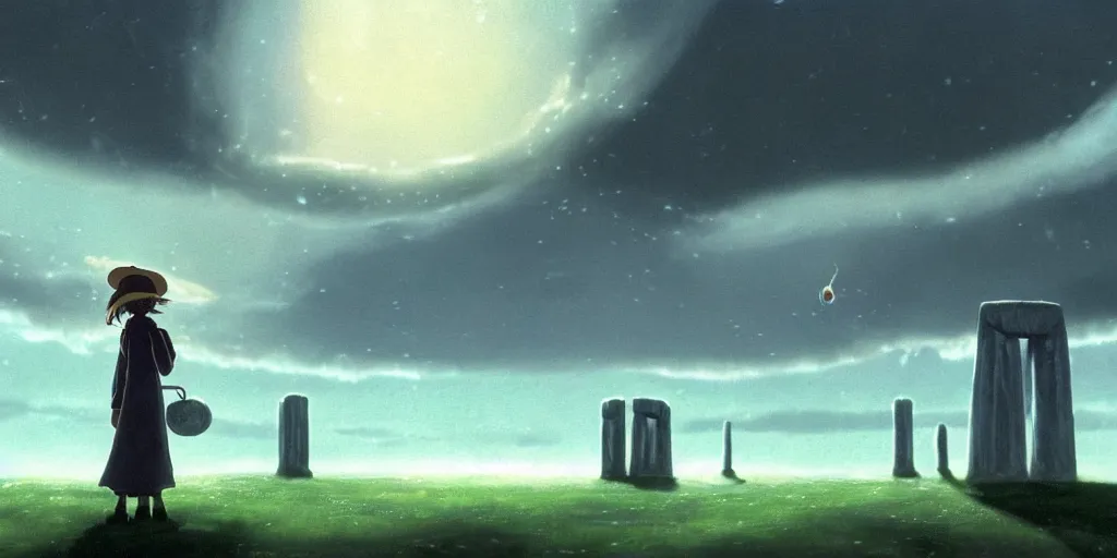 Image similar to a realistic and atmospheric cell - shaded concept art from howl's moving castle ( 2 0 0 4 ) of a ufo on the ground. a grey monk is standing in a futurist sci - fi city that looks like stonehenge in a flooded rainforest. it is a misty starry night. very dull muted colors, hd, 4 k, hq