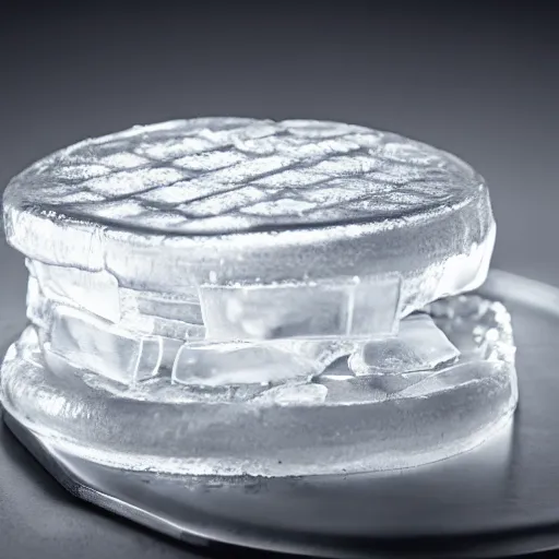 Image similar to a clear ice sculpture of a burger made entirely of ice, 4 k